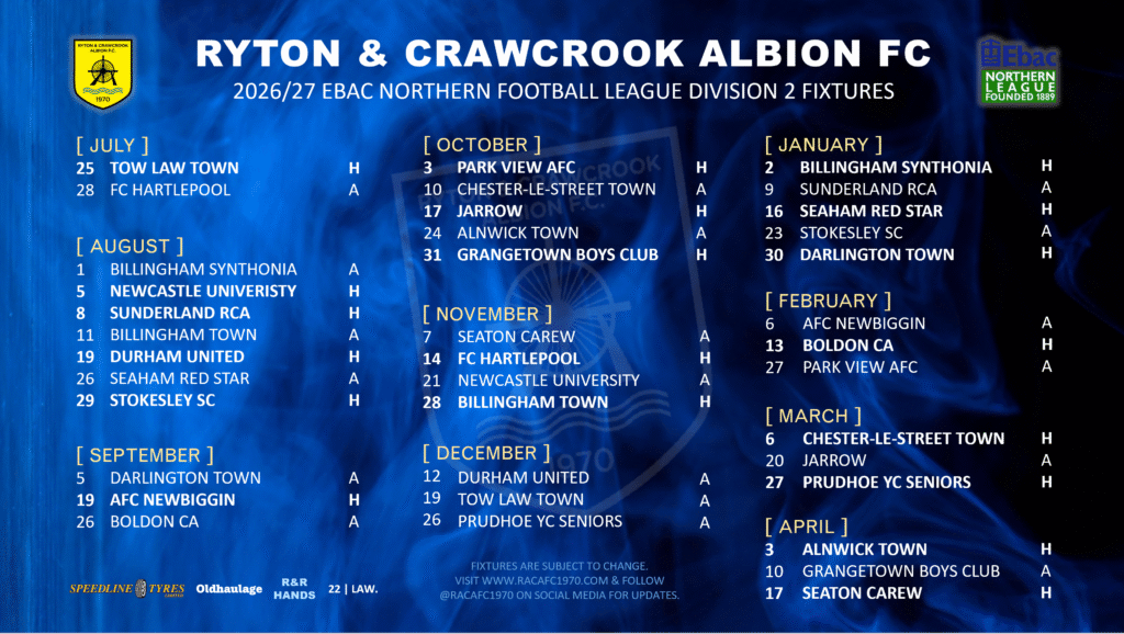 RACA Fixtures 2026/27